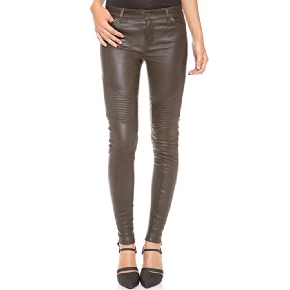 Vince‎ Leather Moto Skinny Pants Stretch Lambskin Dark Olive Size 6